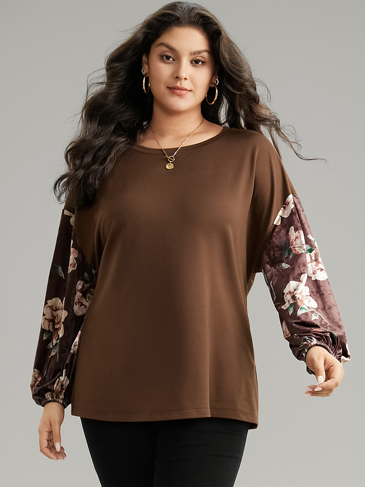 Plus Size Women Dailywear Floral Velvet Regular Lantern Sleeve Long Sleeve Round Neck Casual Sweatshirts BloomChic 
