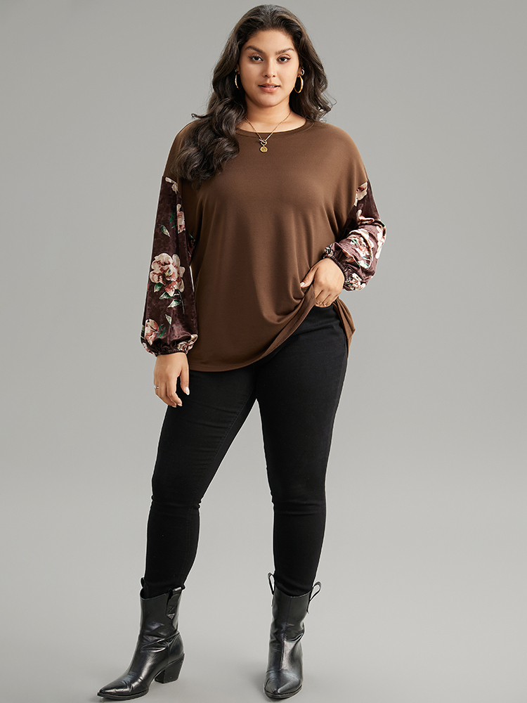 Plus Size Women Dailywear Floral Velvet Regular Lantern Sleeve Long Sleeve Round Neck Casual Sweatshirts BloomChic 