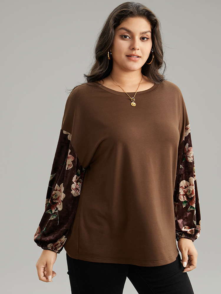 Plus Size Women Dailywear Floral Velvet Regular Lantern Sleeve Long Sleeve Round Neck Casual Sweatshirts BloomChic 