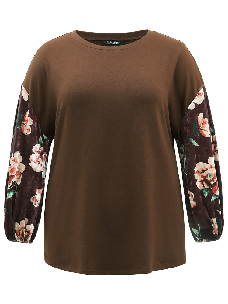 Plus Size Women Dailywear Floral Velvet Regular Lantern Sleeve Long Sleeve Round Neck Casual Sweatshirts BloomChic 