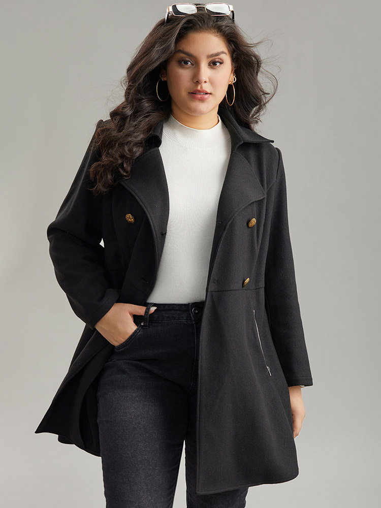 

Plus Size Lapel Collar Metal Detail Zipper Pocket Coat Women Black Casual Plain Ladies Dailywear Winter Coats BloomChic