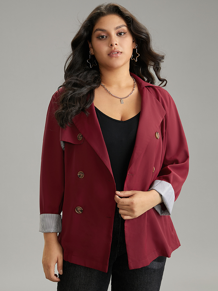 Plus Size Twill Lapel Collar Belted Button Up Buckle Detail Coat Women Burgundy Casual Plain Ladies Dailywear Winter Coats BloomChic 26/4X 