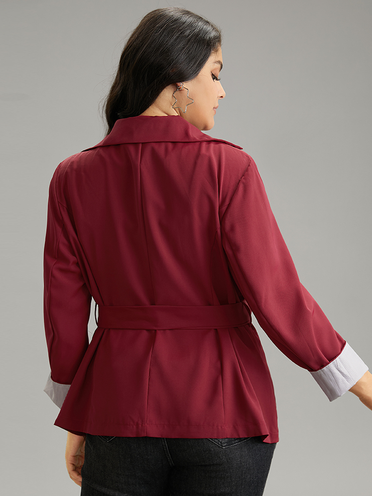 Plus Size Twill Lapel Collar Belted Button Up Buckle Detail Coat Women Burgundy Casual Plain Ladies Dailywear Winter Coats BloomChic 26/4X 