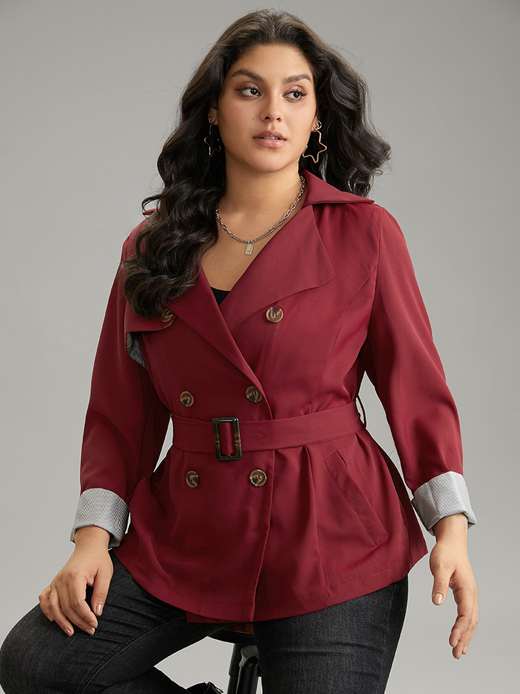 

Plus Size Twill Lapel Collar Belted Button Up Buckle Detail Coat Women Burgundy Casual Plain Ladies Dailywear Winter Coats BloomChic