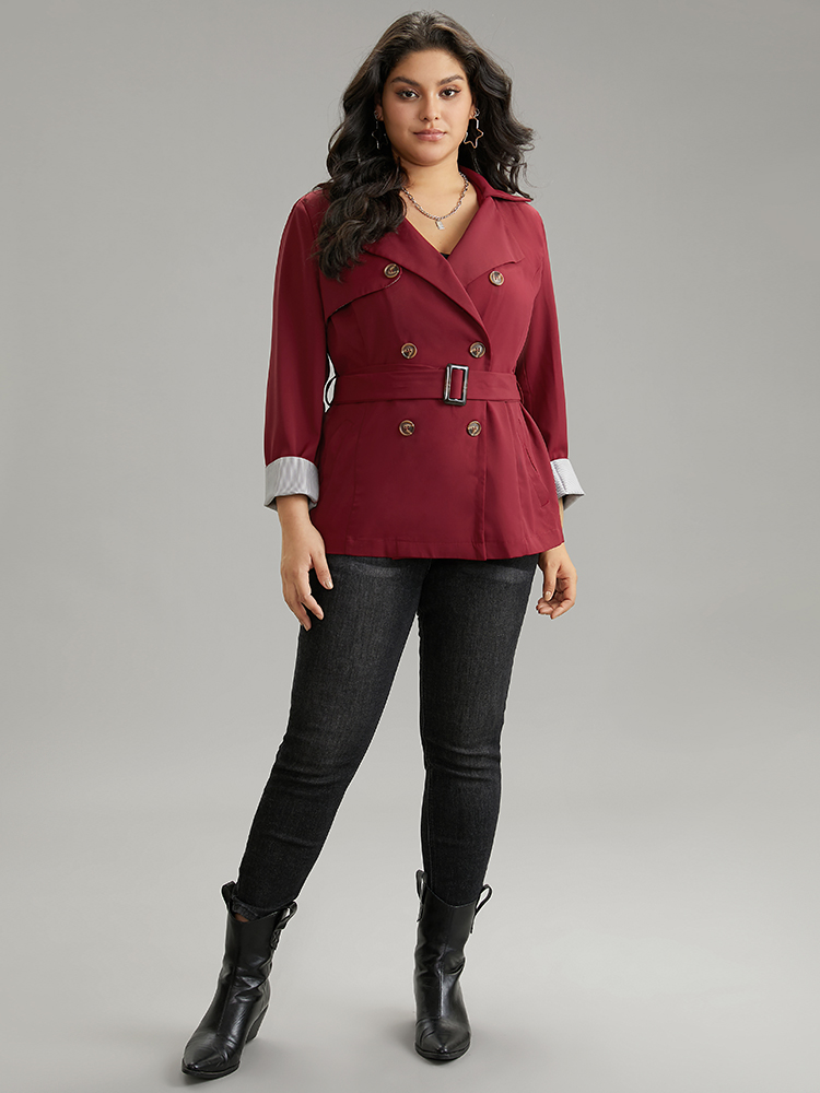 Plus Size Twill Lapel Collar Belted Button Up Buckle Detail Coat Women Burgundy Casual Plain Ladies Dailywear Winter Coats BloomChic 26/4X 