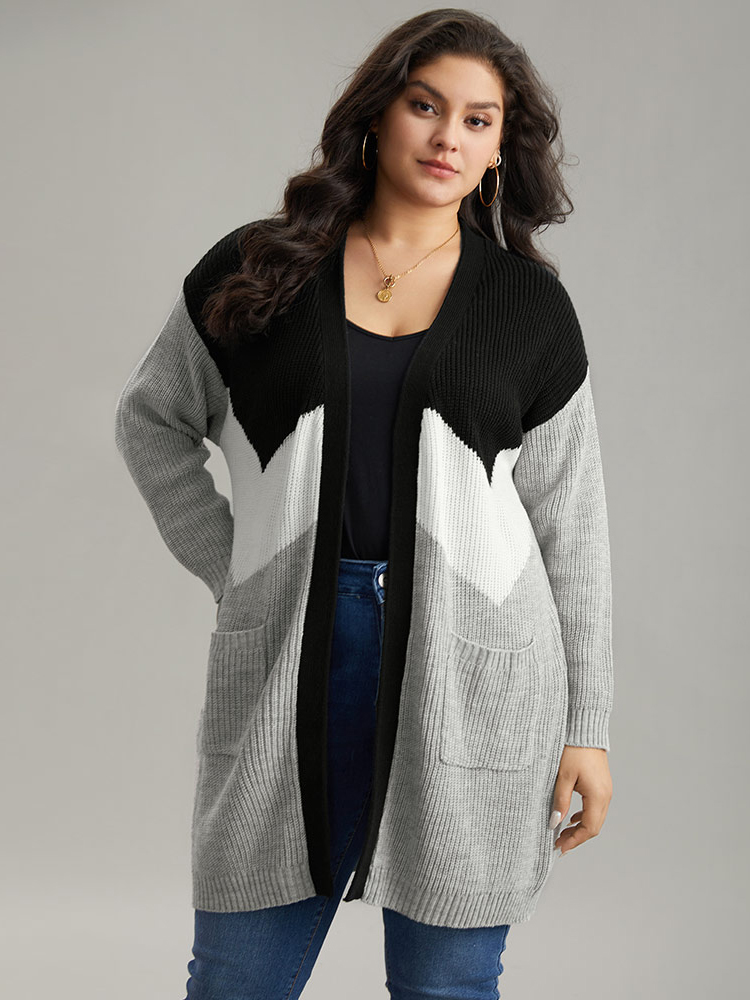 

Plus Size Colorblock Contrast Pocket Open Front Cardigan DarkGray Women Casual Loose Long Sleeve Dailywear Cardigans BloomChic