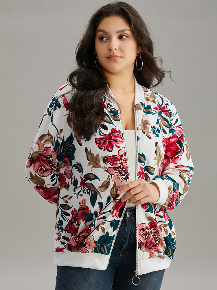Plus Size Floral Patchwork Pocket O Ring Zipper Jacket Women White Elastic cuffs Pocket Dailywear Jackets BloomChic 12/L 