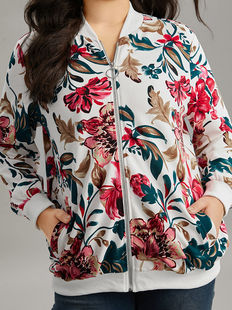 Plus Size Floral Patchwork Pocket O Ring Zipper Jacket Women White Elastic cuffs Pocket Dailywear Jackets BloomChic 12/L 