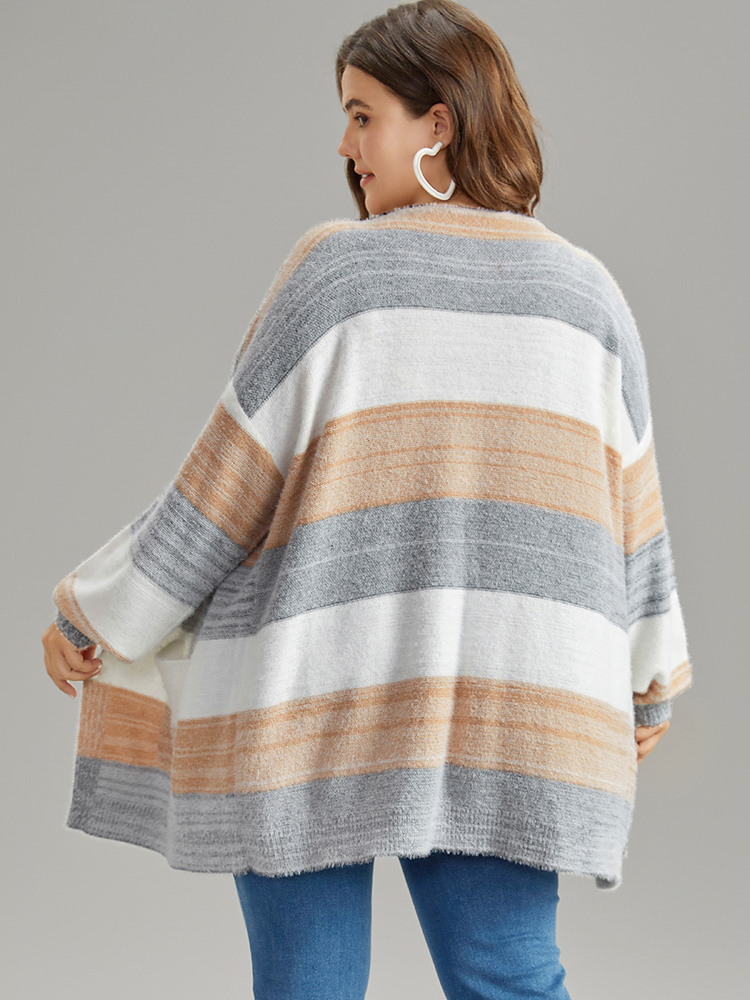 Plus Size Fuzzy Colorblock Heather Drop Shoulder Cardigan Multicolor Women Casual Loose Long Sleeve Dailywear Cardigans BloomChic 14-16/1X 
