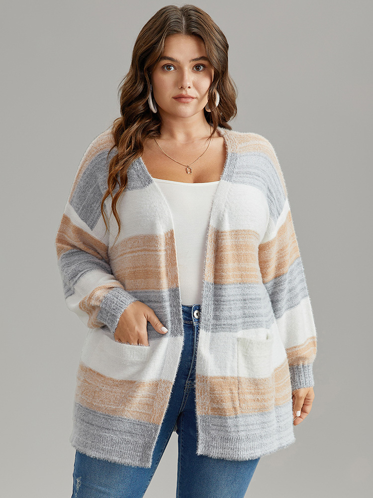 Plus Size Fuzzy Colorblock Heather Drop Shoulder Cardigan Multicolor Women Casual Loose Long Sleeve Dailywear Cardigans BloomChic 14-16/1X 