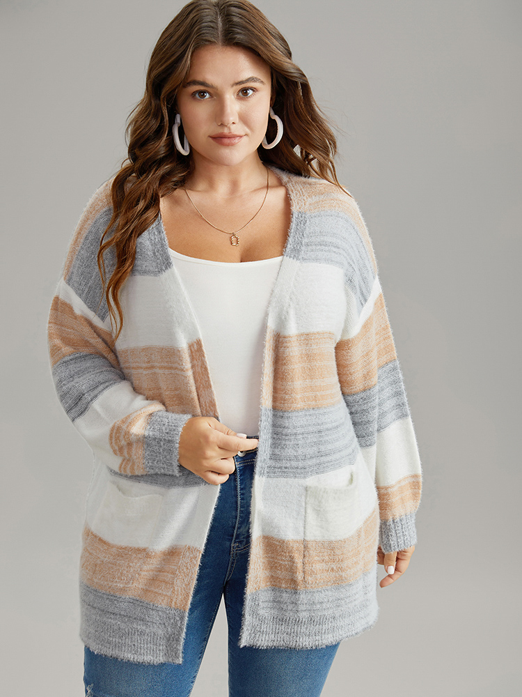 Plus Size Fuzzy Colorblock Heather Drop Shoulder Cardigan Multicolor Women Casual Loose Long Sleeve Dailywear Cardigans BloomChic 14-16/1X 