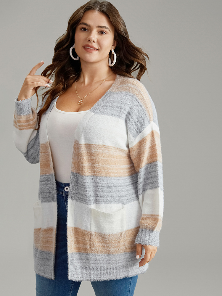 Plus Size Fuzzy Colorblock Heather Drop Shoulder Cardigan Multicolor Women Casual Loose Long Sleeve Dailywear Cardigans BloomChic 14-16/1X 