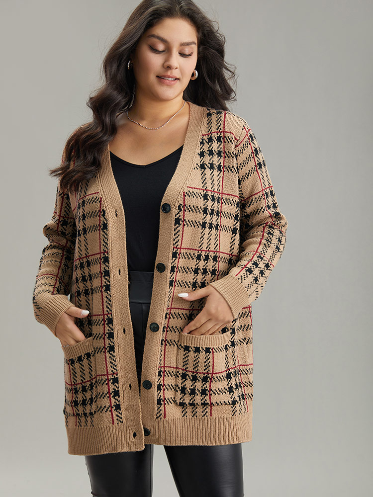 

Plus Size Plaid & Houndstooth Print Patched Pocket Cardigan Multicolor Women Casual Loose Long Sleeve Dailywear Cardigans BloomChic