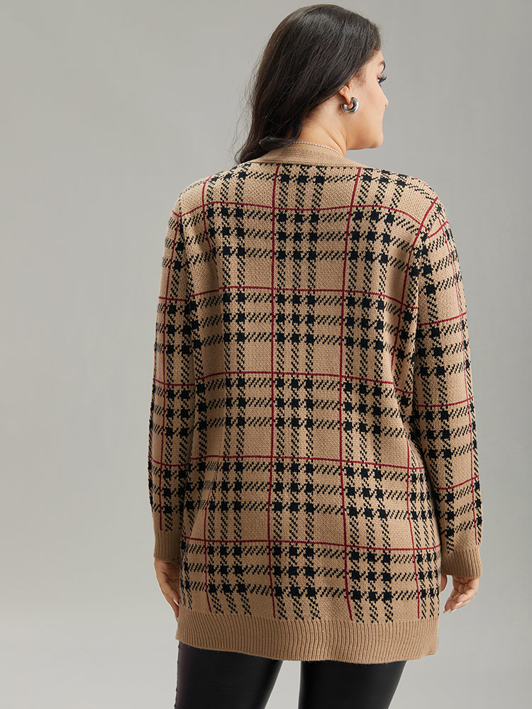 Plus Size Plaid & Houndstooth Print Patched Pocket Cardigan Multicolor Women Casual Loose Long Sleeve Dailywear Cardigans BloomChic 18-20/2X 