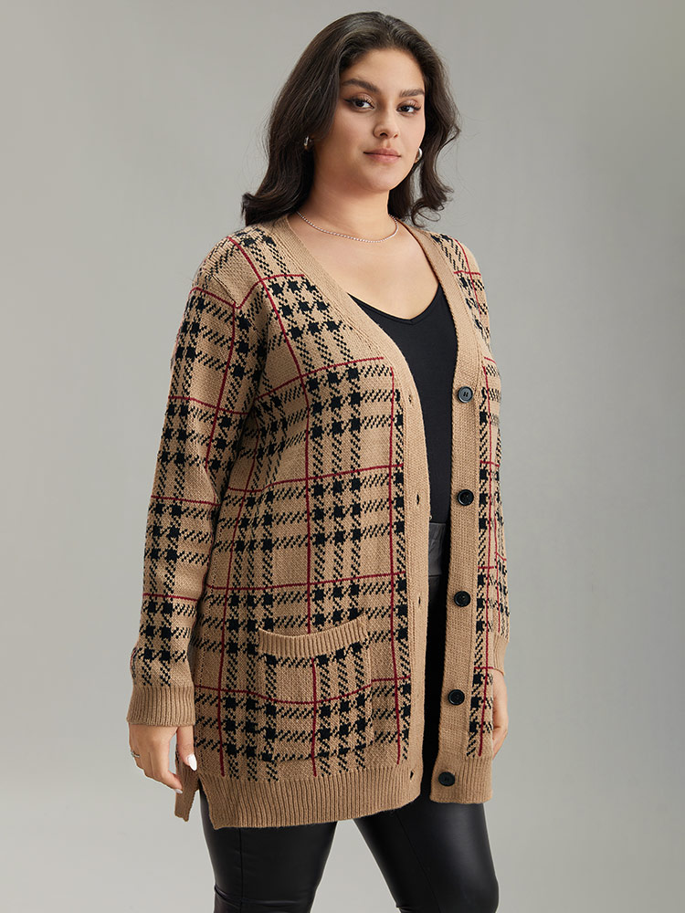 

Plus Size Plaid & Houndstooth Print Patched Pocket Cardigan Multicolor Women Casual Loose Long Sleeve Dailywear Cardigans BloomChic