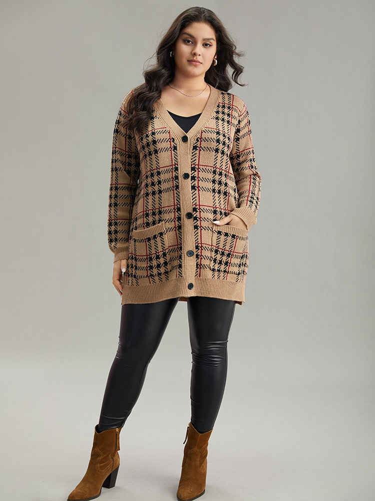 Plus Size Plaid & Houndstooth Print Patched Pocket Cardigan Multicolor Women Casual Loose Long Sleeve Dailywear Cardigans BloomChic 18-20/2X 
