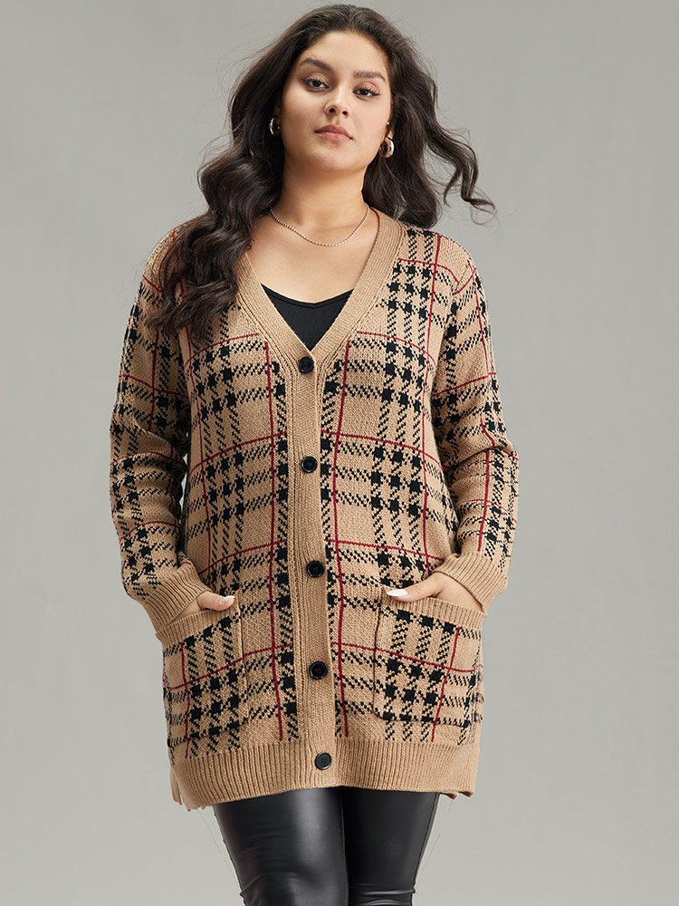 Plus Size Plaid & Houndstooth Print Patched Pocket Cardigan Multicolor Women Casual Loose Long Sleeve Dailywear Cardigans BloomChic 18-20/2X 