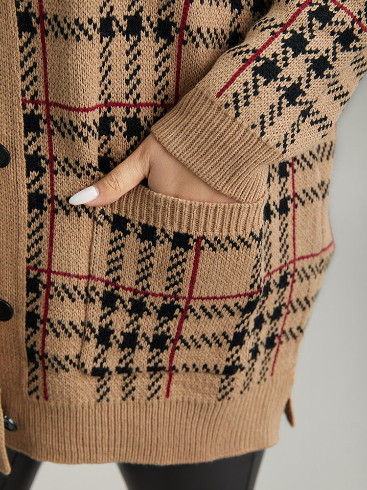 Plus Size Plaid & Houndstooth Print Patched Pocket Cardigan Multicolor Women Casual Loose Long Sleeve Dailywear Cardigans BloomChic 18-20/2X 
