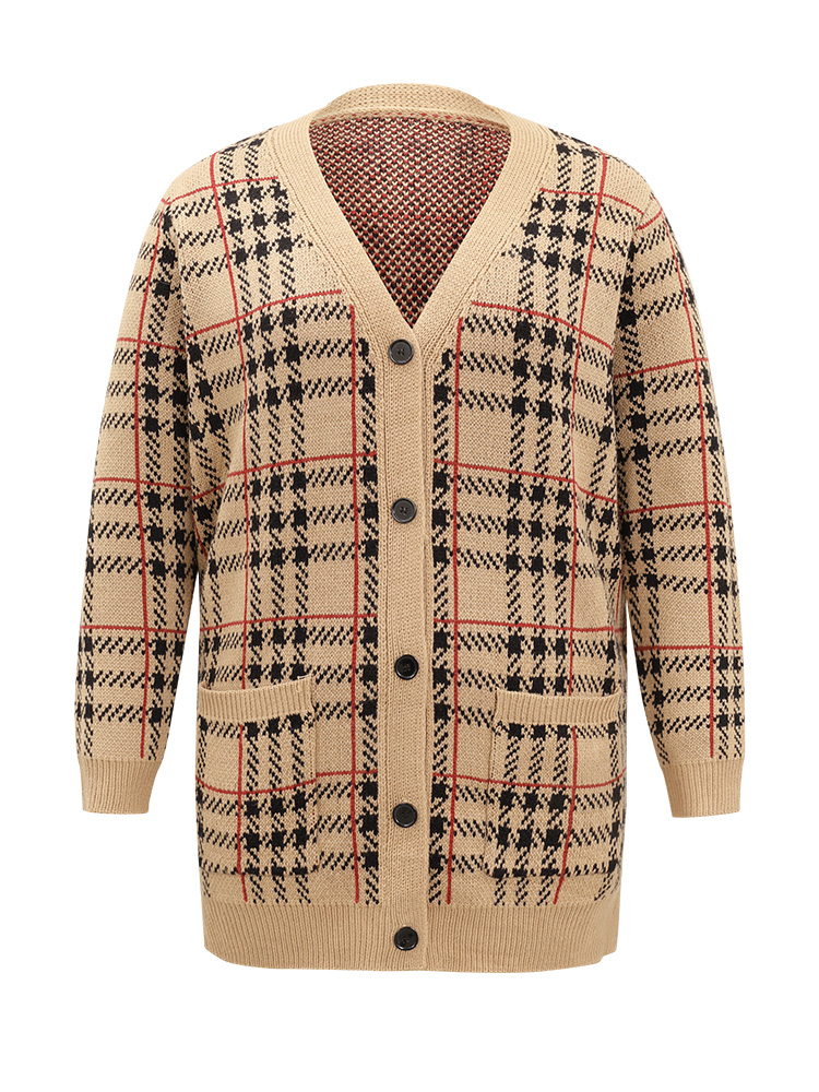 Plus Size Plaid & Houndstooth Print Patched Pocket Cardigan Multicolor Women Casual Loose Long Sleeve Dailywear Cardigans BloomChic 18-20/2X 