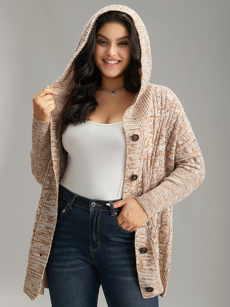 

Plus Size Cable Knit Hooded Button Through Cardigan Bronze Women Casual Loose Long Sleeve Dailywear Cardigans BloomChic