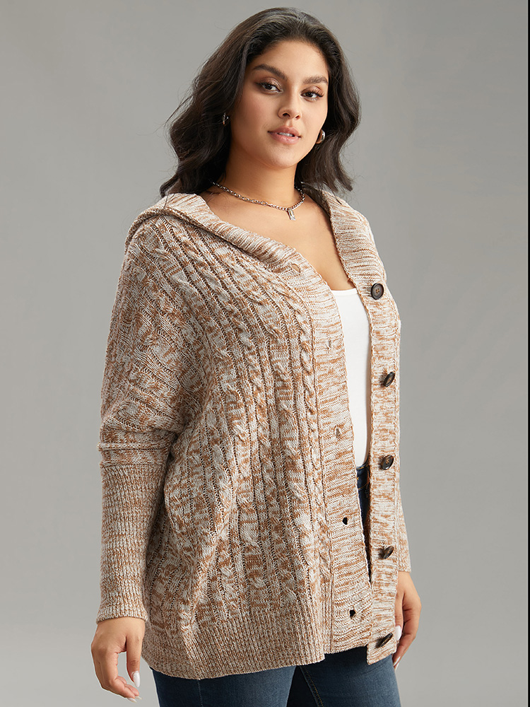 Plus Size Cable Knit Hooded Button Through Cardigan Bronze Women Casual Loose Long Sleeve Dailywear Cardigans BloomChic 22-24/3X 