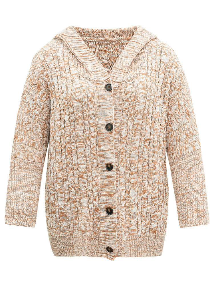 Plus Size Cable Knit Hooded Button Through Cardigan Bronze Women Casual Loose Long Sleeve Dailywear Cardigans BloomChic 22-24/3X 