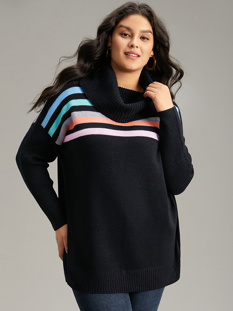 

Plus Size Rainbow Striped Turtle Neck Drop Shoulder Pullover Black Women Casual Loose Long Sleeve Turtleneck Dailywear Pullovers BloomChic