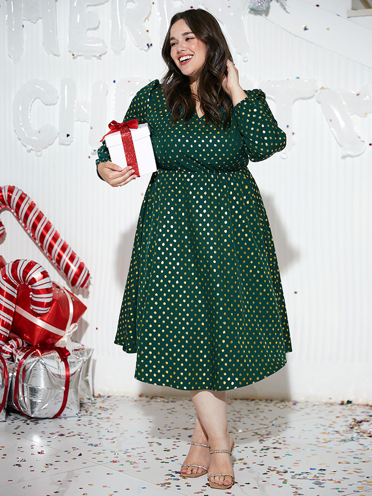 

Plus Size Glitter Polka Dot Notched Elastic Cuffs Dress DarkGreen Women Elegant Elastic cuffs Notched collar Long Sleeve Curvy Midi Dress BloomChic