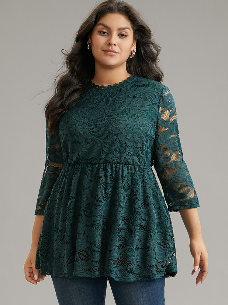 

Plus Size Lace Patchwork Mesh Elastic Waist T-shirt DarkGreen Round Neck Long Sleeve Elegant Jersey Tops
