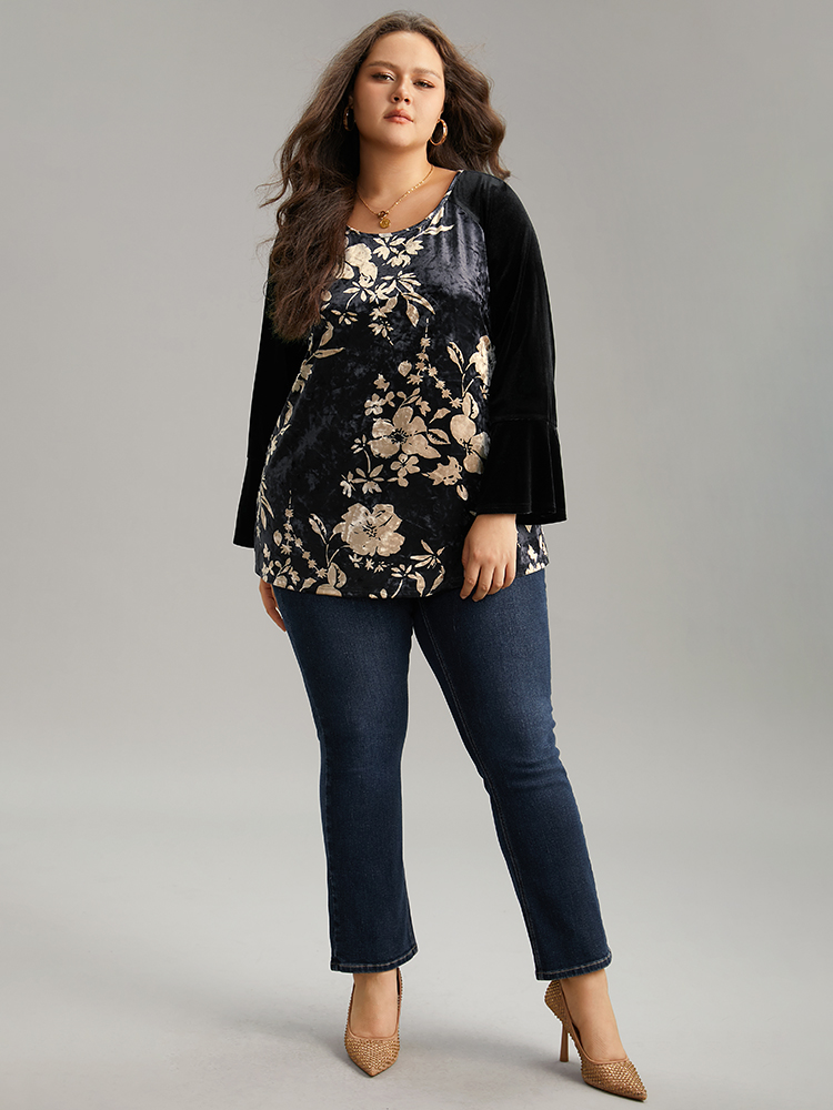 

Plus Size Velvet Floral Patchwork Raglan Sleeve T-shirt Black Round Neck Long Sleeve Elegant Jersey Tops