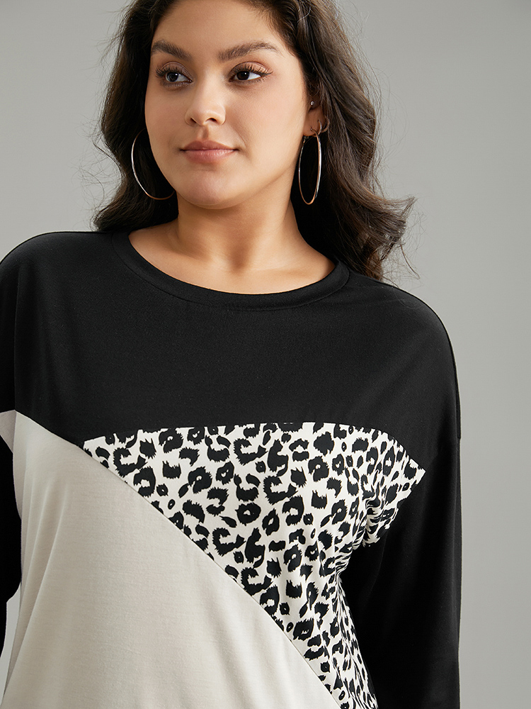 

Plus Size Leopard Print Colorblock Patchwork T-shirt Black Women Casual Contrast Patchwork Round Neck Dailywear T-shirts BloomChic