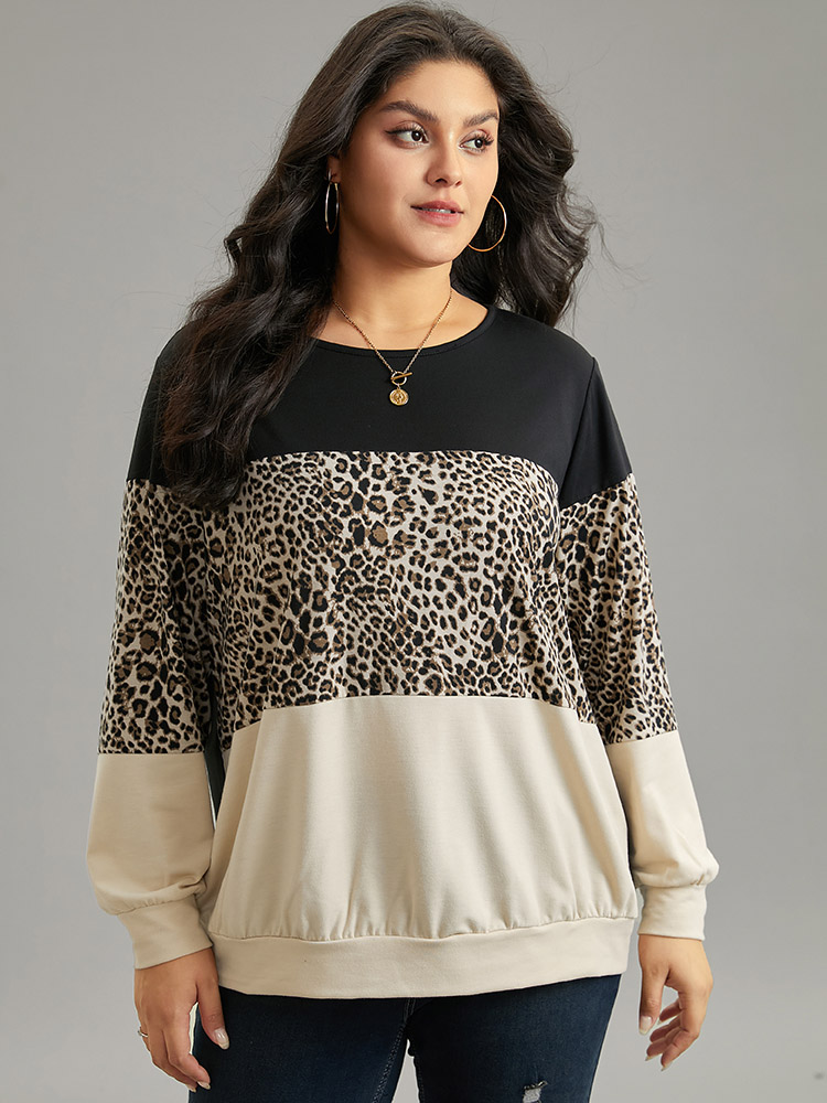 Plus Size Women Dailywear Patchwork Contrast Regular Regular Sleeve Long Sleeve Round Neck Casual Sweatshirts BloomChic 