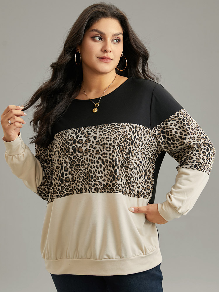 Plus Size Women Dailywear Patchwork Contrast Regular Regular Sleeve Long Sleeve Round Neck Casual Sweatshirts BloomChic 