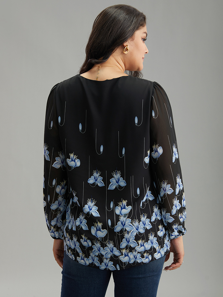 Plus Size BlackFlower Boho Print Lace Patchwork Mesh Button Up Blouse Women Elegant Long Sleeve V-neck Dailywear Blouses BloomChic 28/5X 