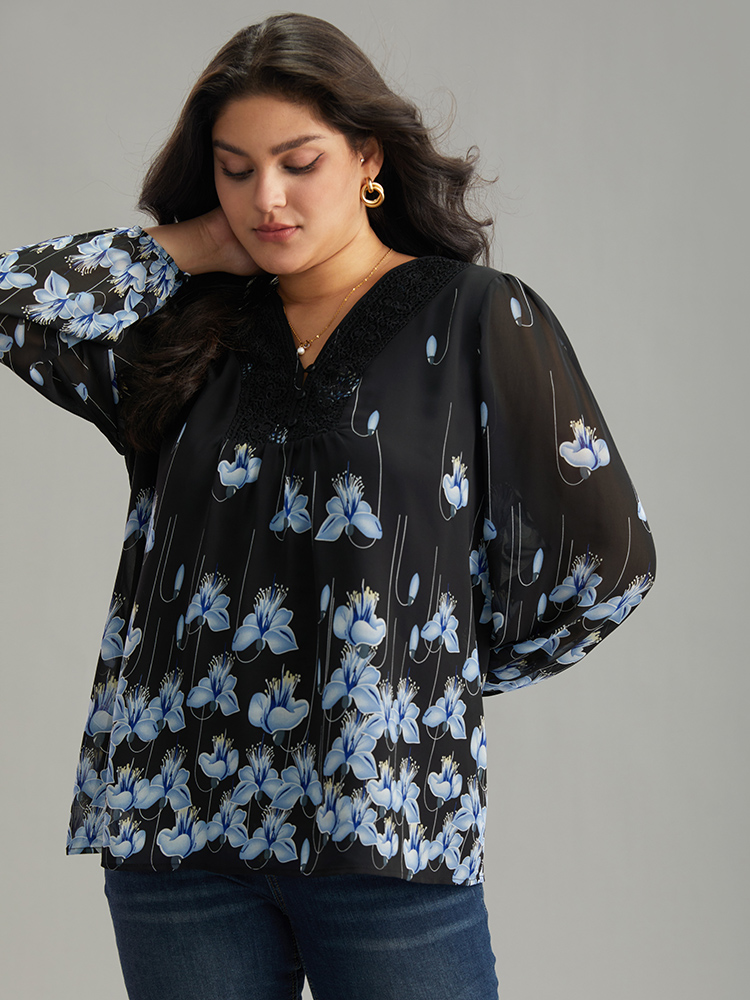 Plus Size BlackFlower Boho Print Lace Patchwork Mesh Button Up Blouse Women Elegant Long Sleeve V-neck Dailywear Blouses BloomChic 28/5X 