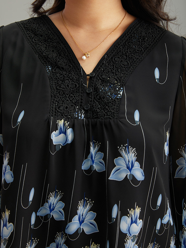 Plus Size BlackFlower Boho Print Lace Patchwork Mesh Button Up Blouse Women Elegant Long Sleeve V-neck Dailywear Blouses BloomChic 28/5X 