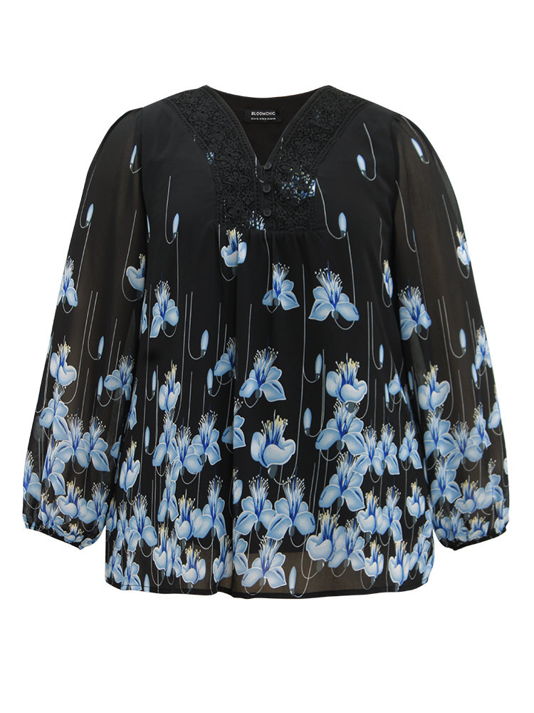 Plus Size BlackFlower Boho Print Lace Patchwork Mesh Button Up Blouse Women Elegant Long Sleeve V-neck Dailywear Blouses BloomChic 28/5X 