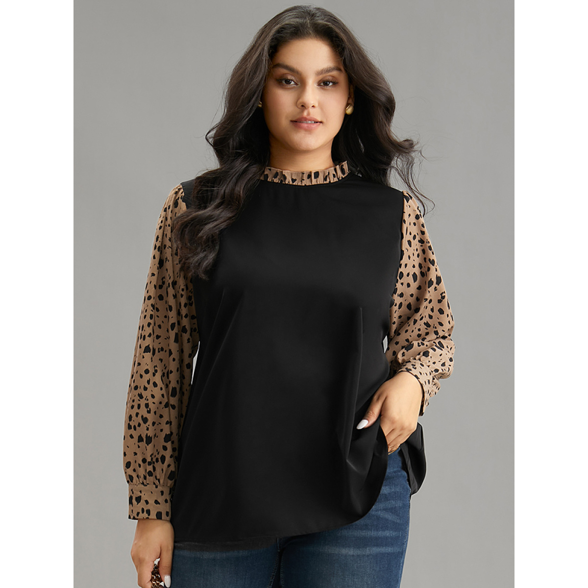 

Plus Size Black Leopard Patchwork Contrast Frill Trim Blouse Women Work From Home Long Sleeve Mock Neck Work Blouses BloomChic