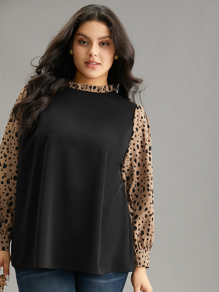 

Plus Size Black Leopard Patchwork Contrast Frill Trim Blouse Women Work From Home Long Sleeve Mock Neck Work Blouses BloomChic