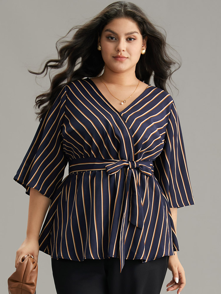 

Plus Size Indigo Striped Overlap Collar Bell Sleeve Blouse Women Office Elbow-length sleeve Overlap Collar Work Blouses BloomChic