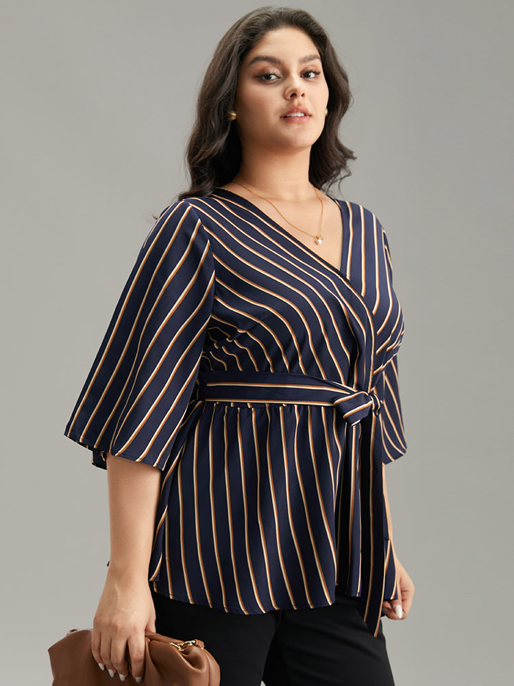 

Plus Size Indigo Striped Overlap Collar Bell Sleeve Blouse Women Office Elbow-length sleeve Overlap Collar Work Blouses BloomChic