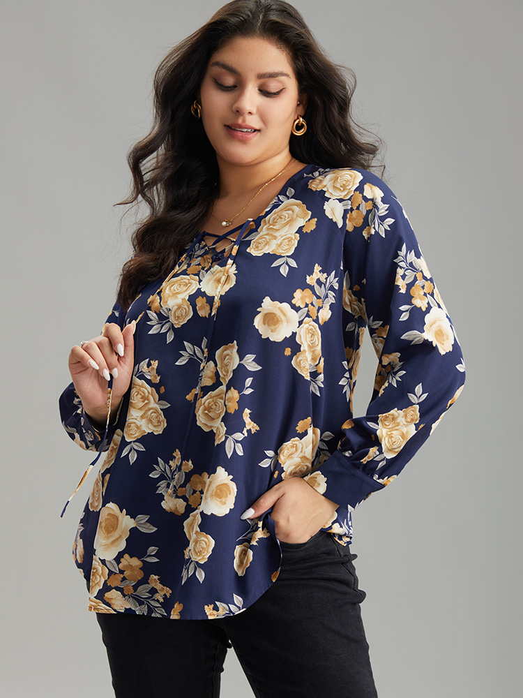Plus Size Women Dailywear Floral Cross straps Regular Sleeve Long Sleeve Tie Neck Elegant Blouses BloomChic 