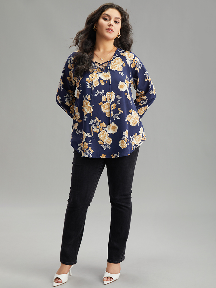 Plus Size Women Dailywear Floral Cross straps Regular Sleeve Long Sleeve Tie Neck Elegant Blouses BloomChic 
