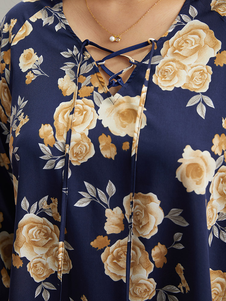 Plus Size Women Dailywear Floral Cross straps Regular Sleeve Long Sleeve Tie Neck Elegant Blouses BloomChic 