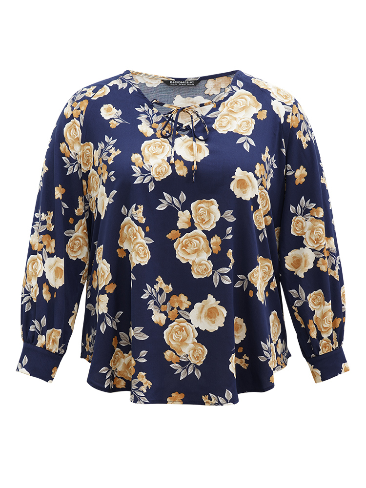Plus Size Women Dailywear Floral Cross straps Regular Sleeve Long Sleeve Tie Neck Elegant Blouses BloomChic 