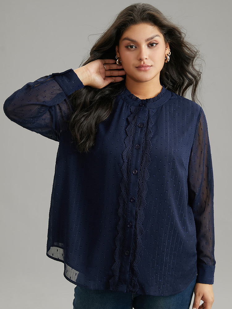 

Plus Size Indigo Guipure Lace Mesh Button Through Blouse Women Elegant Long Sleeve Stand-up collar Dailywear Blouses BloomChic