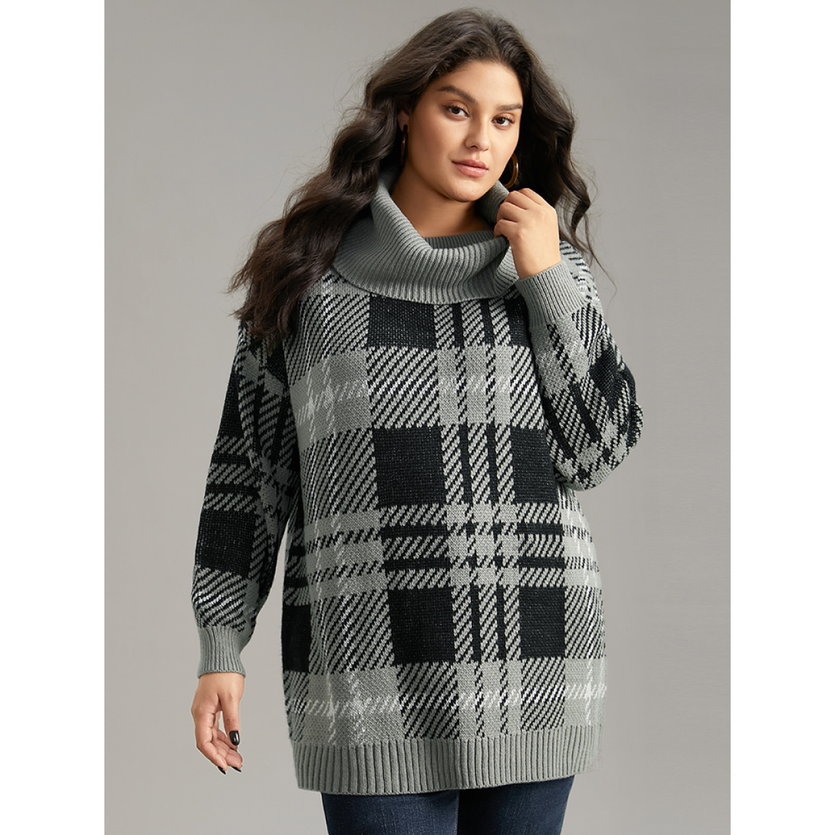 

Plus Size Plaid Turtle Neck Drop Shoulder Pullover Multicolor Women Casual Loose Long Sleeve Turtleneck Dailywear Pullovers BloomChic