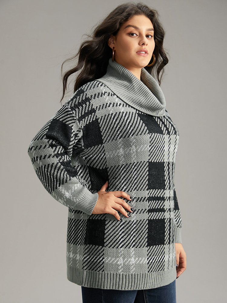 

Plus Size Plaid Turtle Neck Drop Shoulder Pullover Multicolor Women Casual Loose Long Sleeve Turtleneck Dailywear Pullovers BloomChic