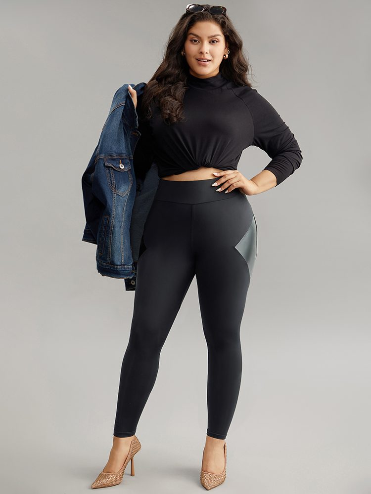 Plus Size Patchwork PU Leather High Rise Leggings Women Black Casual High stretch Skinny High Rise Dailywear Leggings BloomChic 14-16/1X 