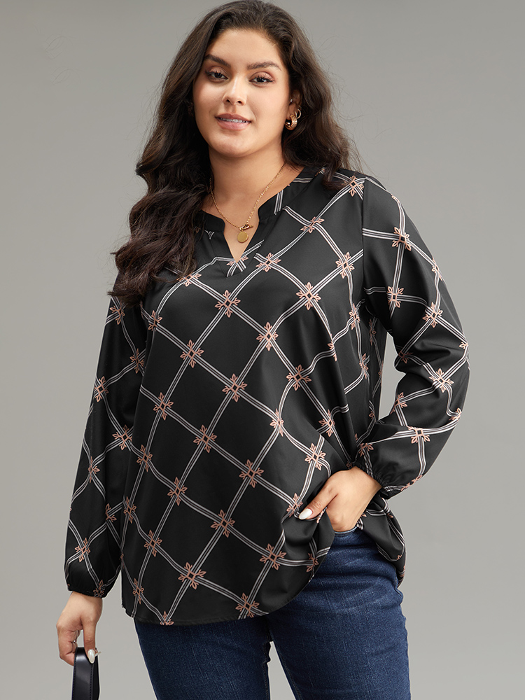 Plus Size Women Work Plaid Elastic cuffs Lantern Sleeve Long Sleeve Notched collar Office Blouses BloomChic 